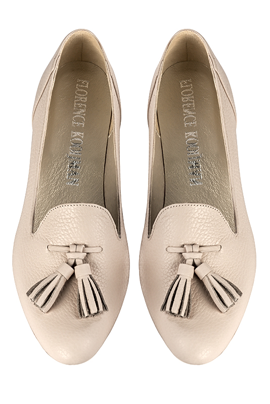 Champagne white women's loafers with pompons. Round toe. Flat leather soles. Top view - Florence KOOIJMAN